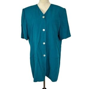 Vintage Valerie Stevens‎ 100% Silk Button Down Top Short Sleeve Teal Women 16